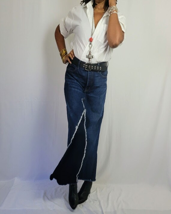 Trendy Street Style Dark Wash Denim Skirt Distressed Frayed A line Denim Maxi Skirt Plus Size Redesigned Pieced Denim Skirt Sizes 4 24 Etsy UK