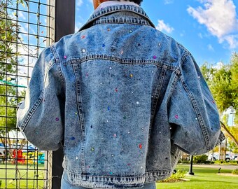 Plus Size Rhinestone Embellished Denim Jacket, Cropped