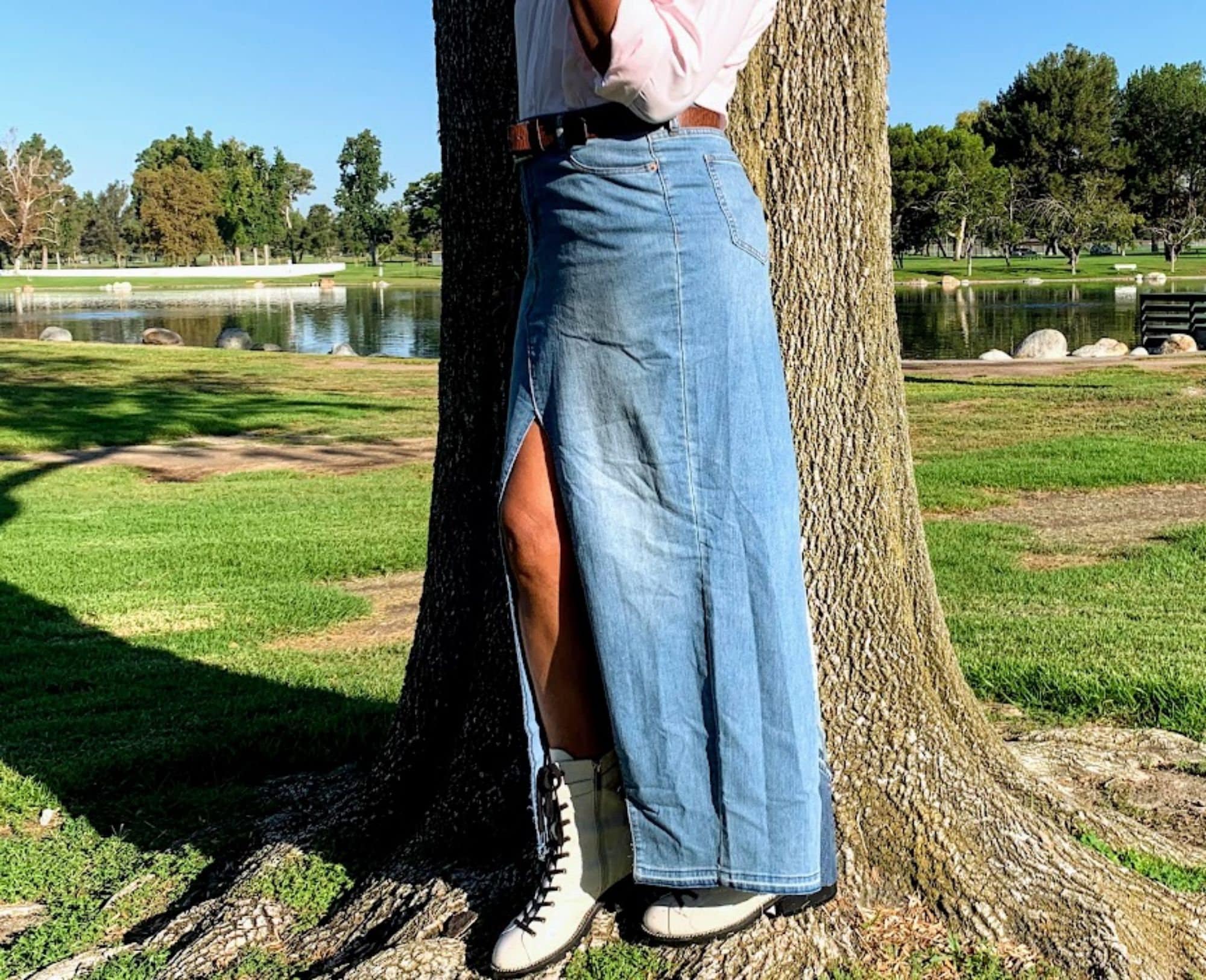 Front Slit Denim Long Skirt, Patchwork Casual Maxi Skirt