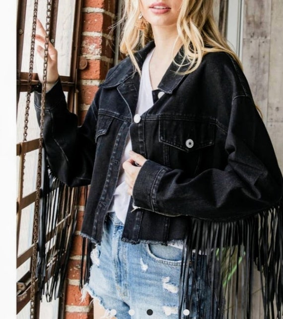 Chic Plus Size Faux Leather Fringe Cropped Denim Jacket Oversized Raw Hem Denim Jacket Zippered Long Sleeve Fringe Jean Jacket IXL 3XL Etsy