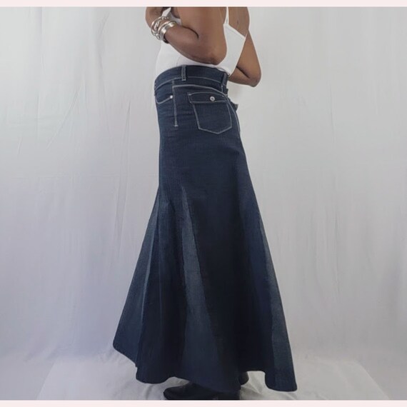 Black Dark Gray Denim Maxi Skirt Swing Skirt A line Patchwork