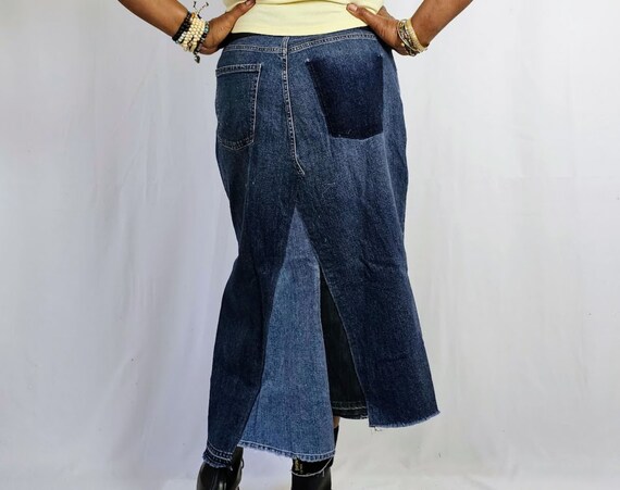 Asymmetrical Patchwork Denim Skirt, Long Two Tone Uneven Hem