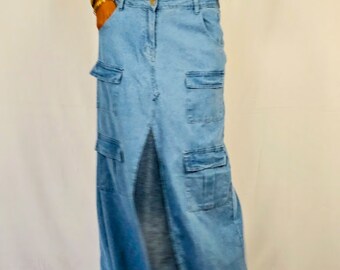 Women's Mid Rise Patchwork Carpenter Denim Cargo Maxi Skirt