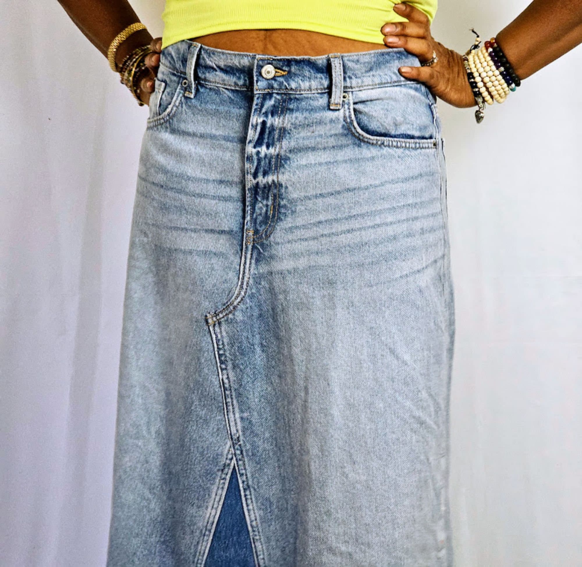 Light Blue Aline Denim Maxi Skirt, Flared Boho Hippie Long