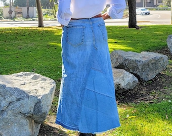 Handgemaakte patchwork denim maxi-rok geüpcycled boho zeemeermin jeanrok hippiefestivalrok