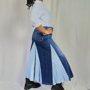 Contrast Patchwork Denim Skirt Flared High Waist Denim Stretch Cotton Denim Swing Maxi Skirt Hand Pieced Customized Women's Skirts Size 2-24 image 8