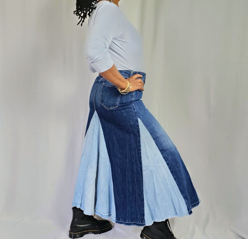 Contrast Patchwork Denim Skirt Flared High Waist Denim Stretch Cotton Denim Swing Maxi Skirt Hand Pieced Customized Women's Skirts Size 2-24 image 8