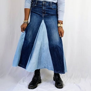 Contrast Patchwork Denim Skirt Flared High Waist Denim Stretch Cotton Denim Swing Maxi Skirt Hand Pieced Customized Women's Skirts Size 2-24 image 9