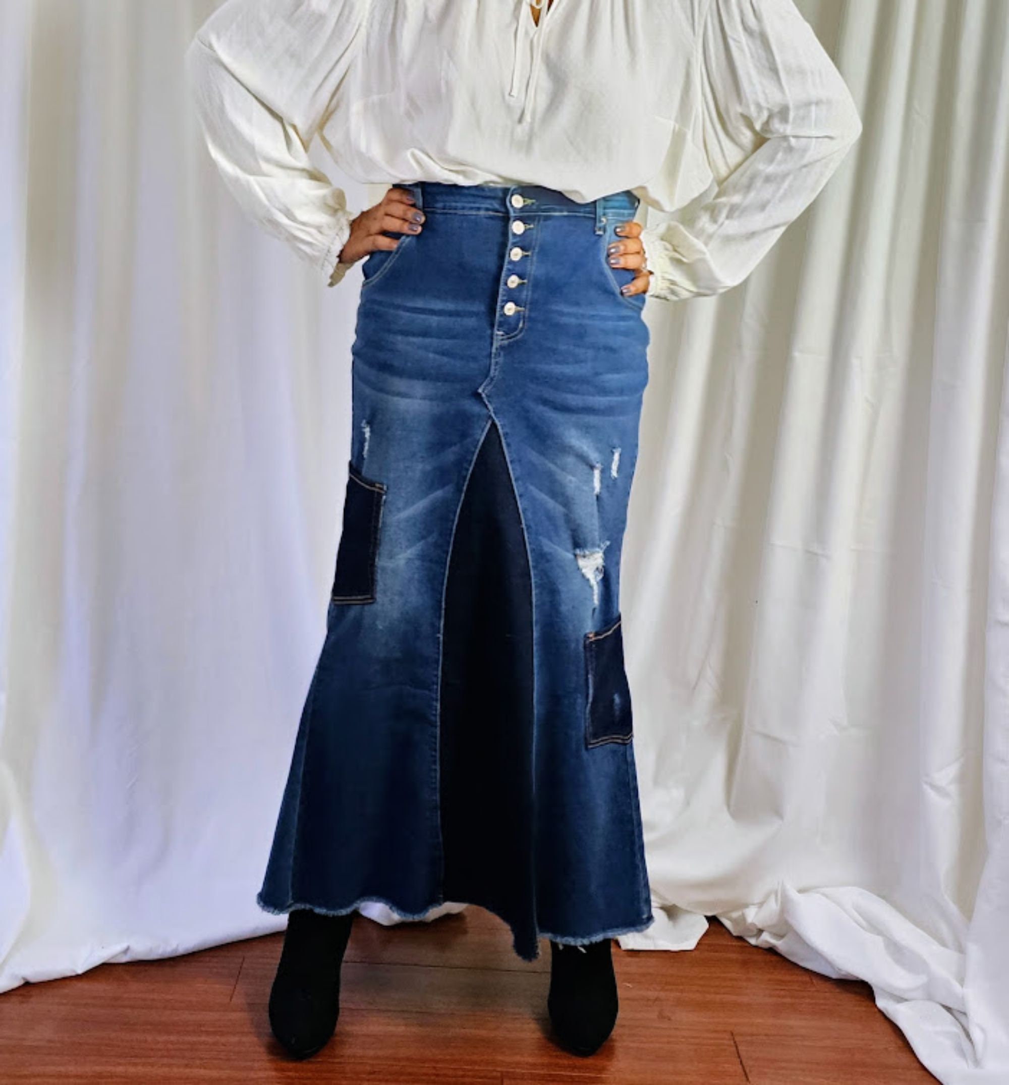 Dark Blue Smocked Waist Button Detail Maxi Skirt
