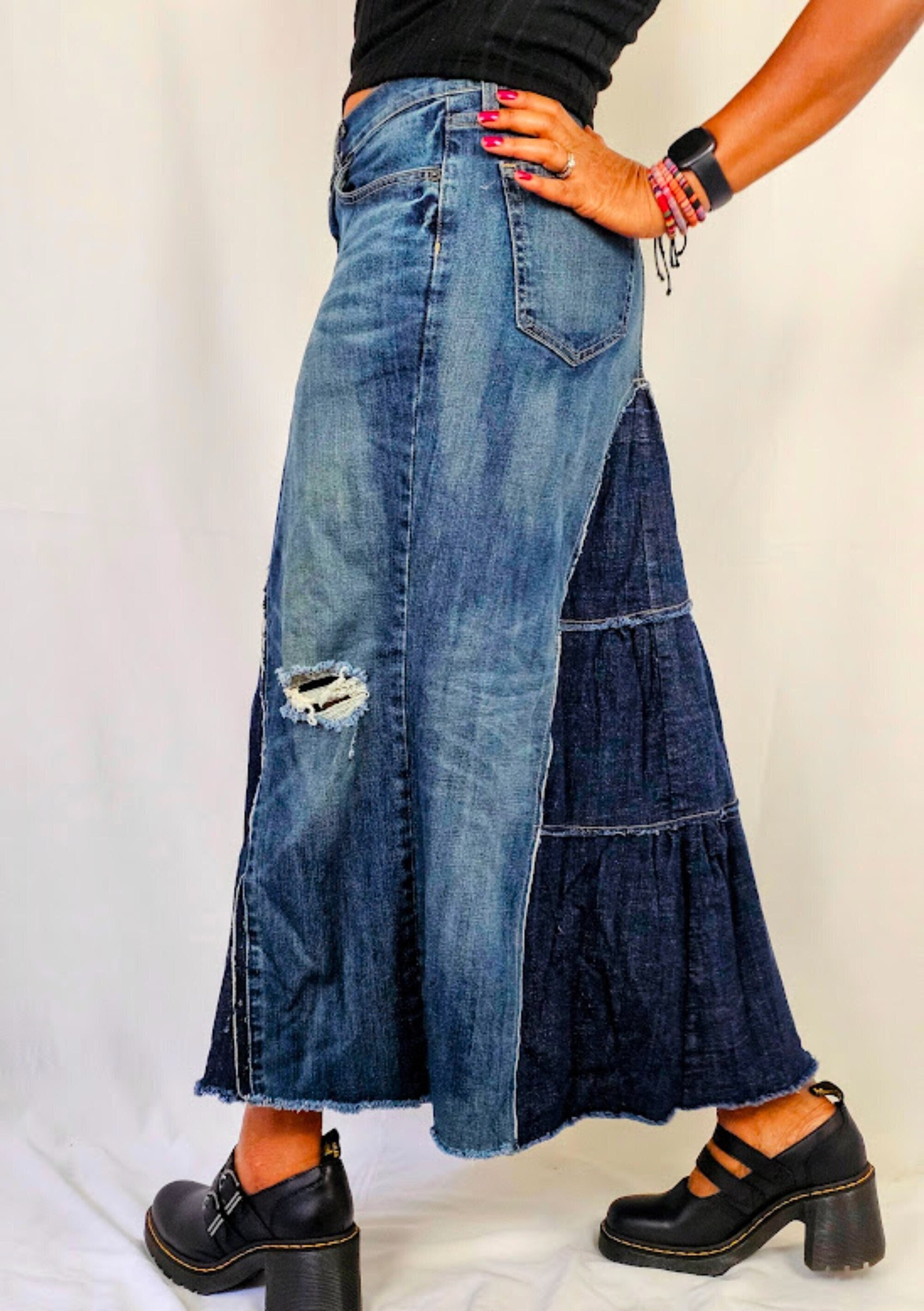 Distressed Patchwork Aline Denim Midi Skirt With Ruffle Back