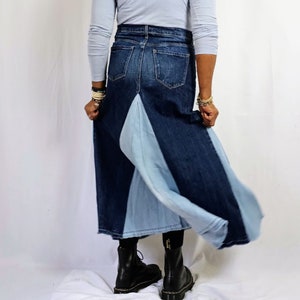 Contrast Patchwork Denim Skirt Flared High Waist Denim Stretch Cotton Denim Swing Maxi Skirt Hand Pieced Customized Women's Skirts Size 2-24 image 2