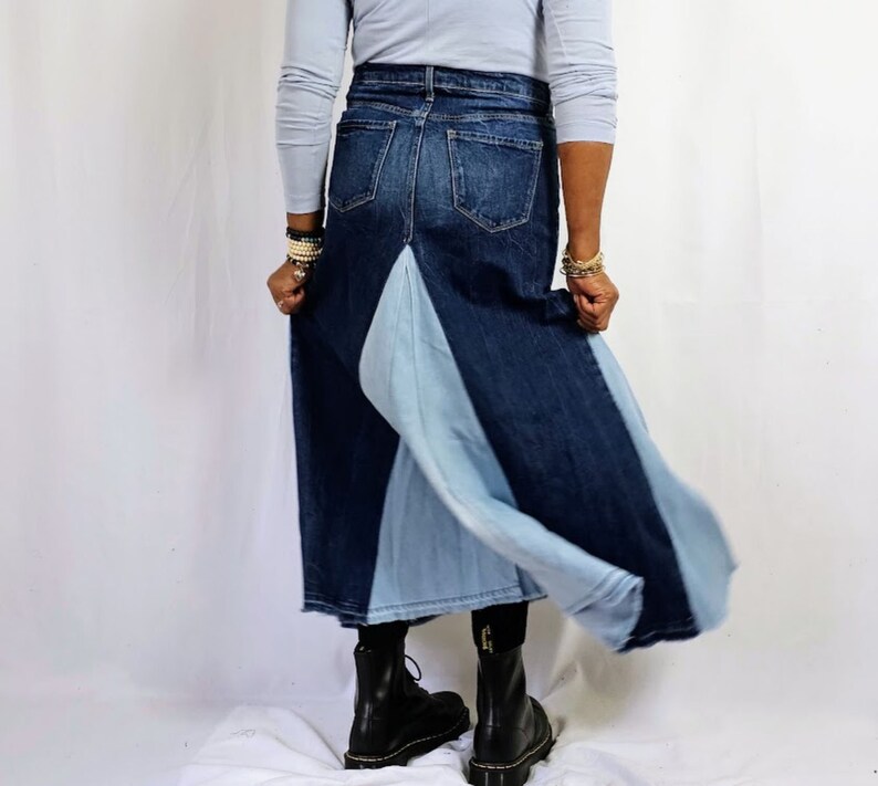 Contrast Patchwork Denim Skirt Flared High Waist Denim Stretch Cotton Denim Swing Maxi Skirt Hand Pieced Customized Women's Skirts Size 2-24 image 2