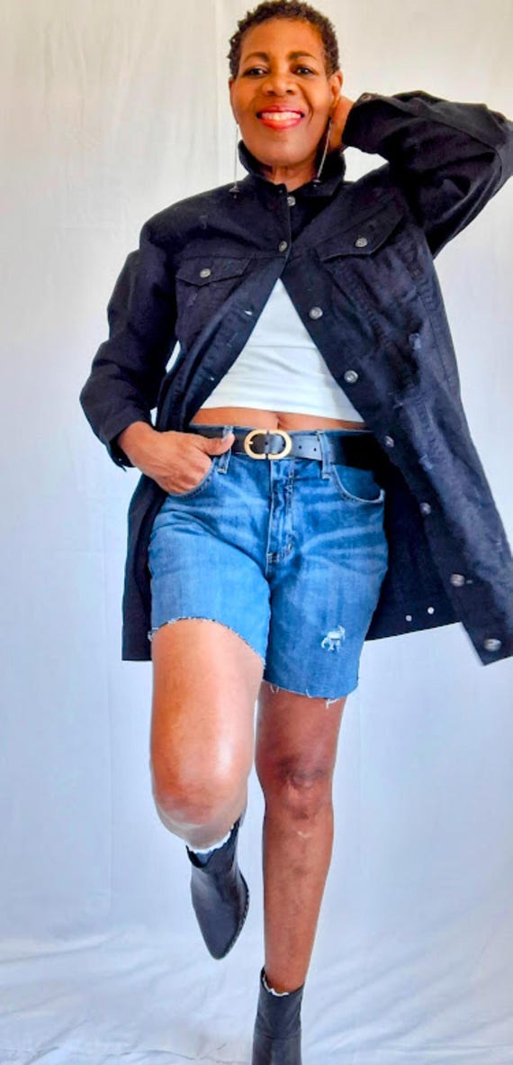 Jacket Outfits Hip Length Denim Jacket 3/4 Length Distressed Denim Jacket,  Cotton Midi Denim Dress
