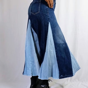 Contrast Patchwork Denim Skirt Flared High Waist Denim Stretch Cotton Denim Swing Maxi Skirt Hand Pieced Customized Women's Skirts Size 2-24 image 6