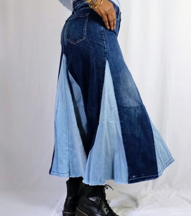 Contrast Patchwork Denim Skirt Flared High Waist Denim Stretch Cotton Denim Swing Maxi Skirt Hand Pieced Customized Women's Skirts Size 2-24 image 6