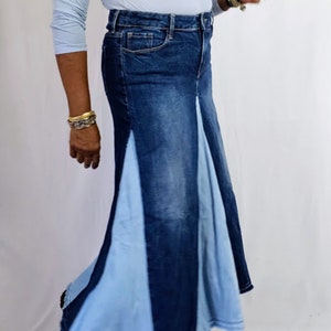 Contrast Patchwork Denim Skirt Flared High Waist Denim Stretch Cotton Denim Swing Maxi Skirt Hand Pieced Customized Women's Skirts Size 2-24 image 3