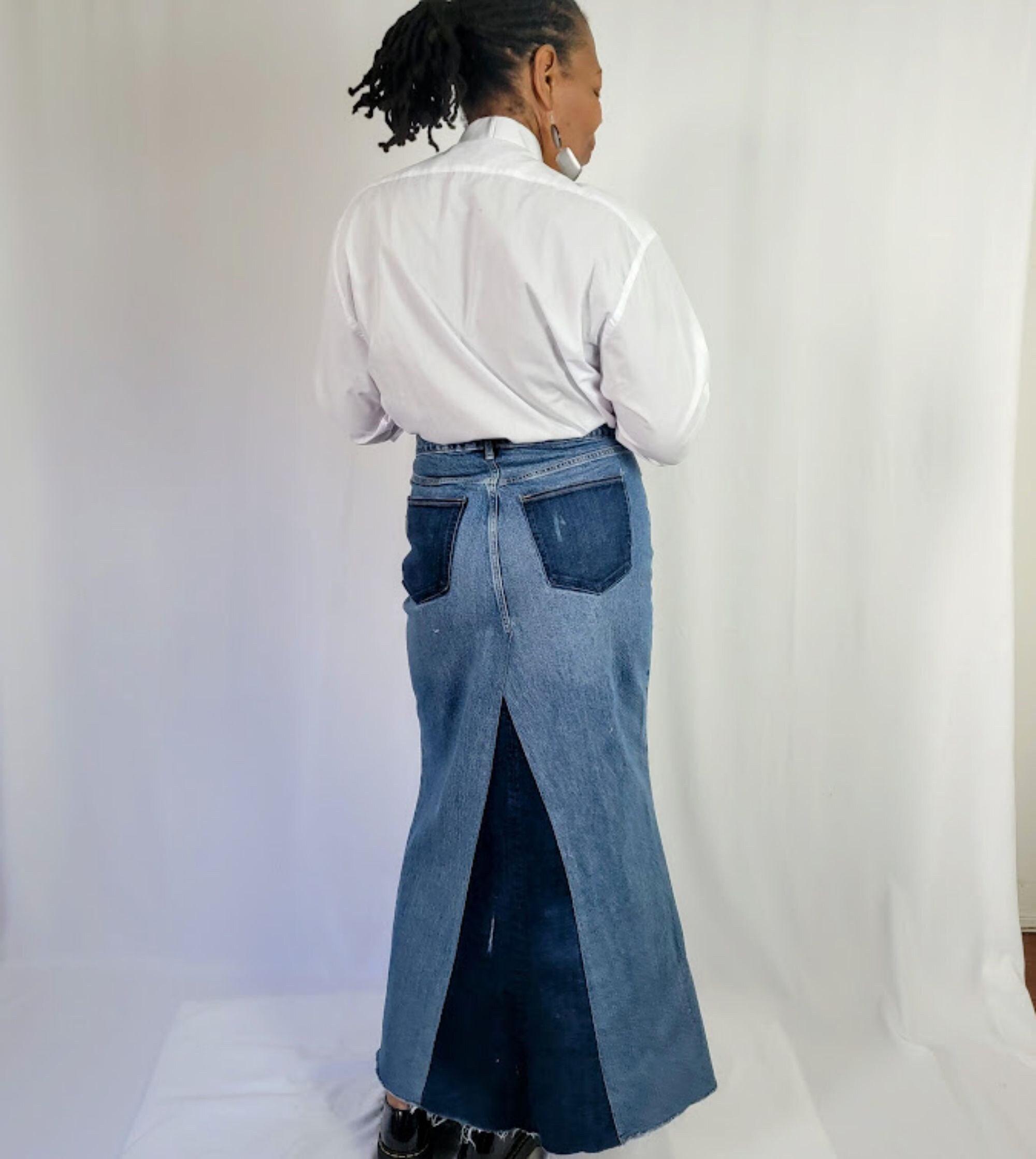 MALION vintage♢2way denim long skirt Women's Two Toned Vintage Wash A-line Patchwork Denim Maxi