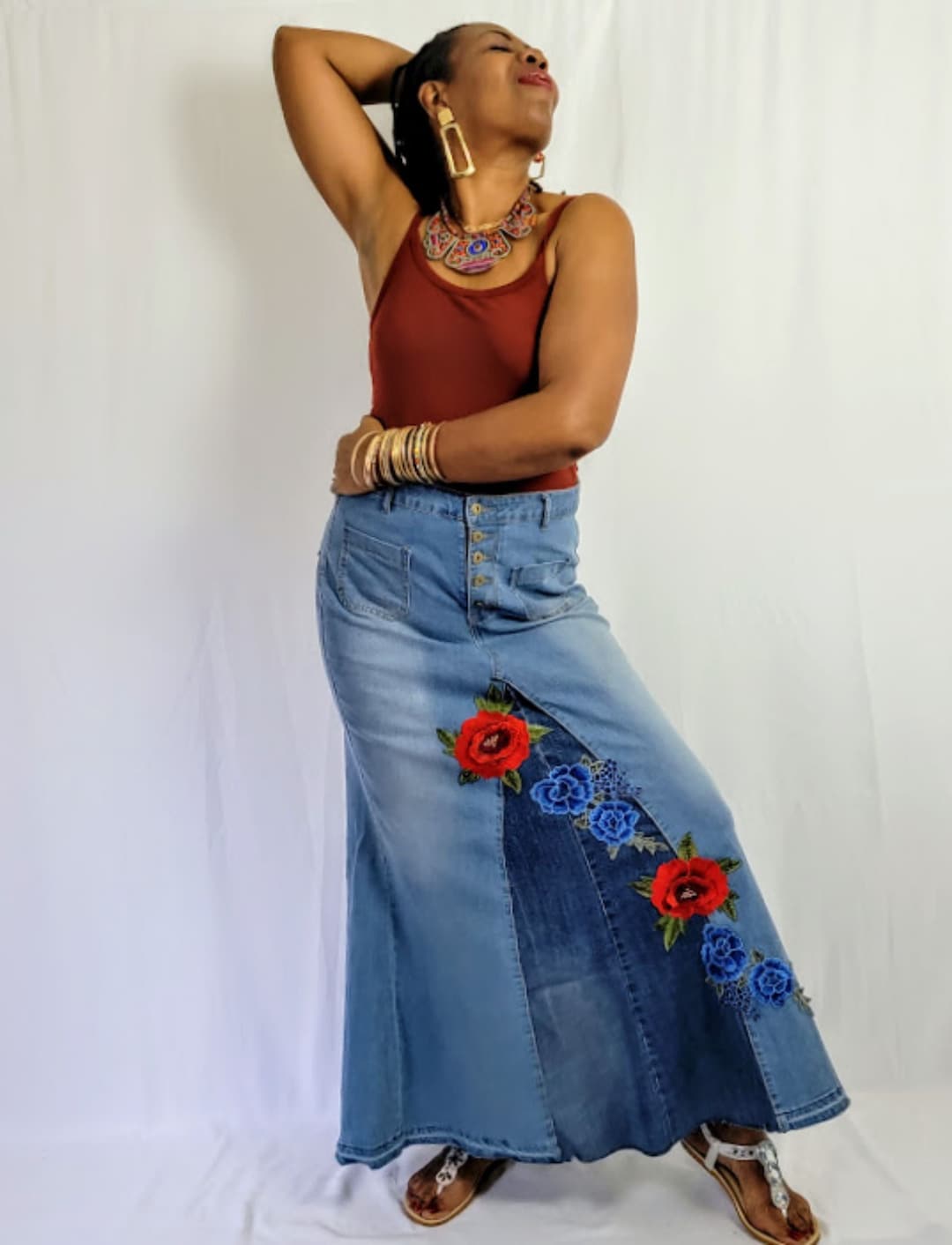 Plus Size Embroidered Denim Maxi Skirt Etsy plus-size-embroidered-denim-maxi-skirt-etsy