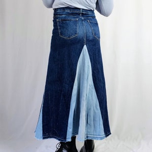 Contrast Patchwork Denim Skirt Flared High Waist Denim Stretch Cotton Denim Swing Maxi Skirt Hand Pieced Customized Women's Skirts Size 2-24 image 7