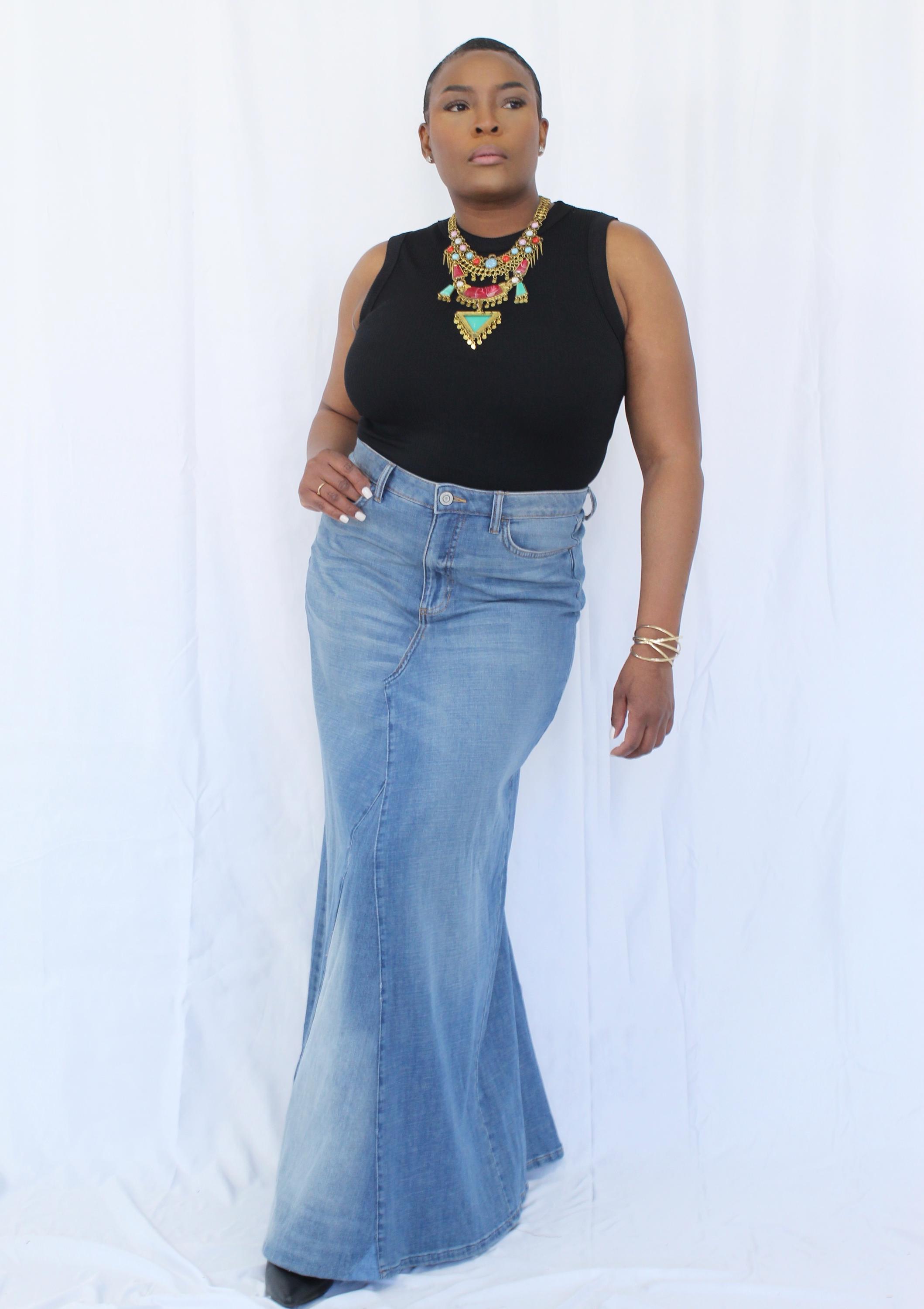Handmade A-line Denim Maxi Skirt, Light Blue Patchwork Jean 
