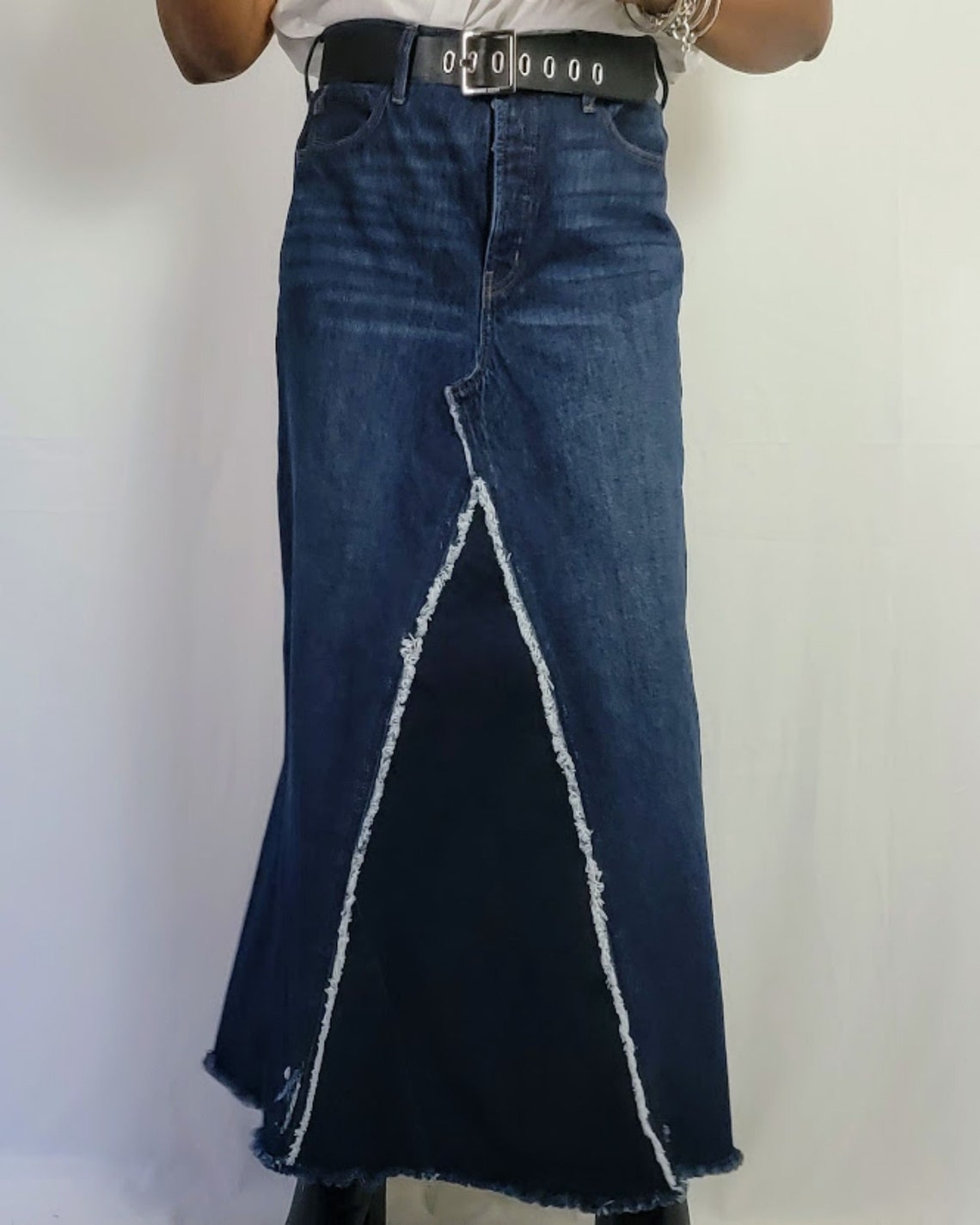 American Bazi Contrast Patched Frayed Denim Distressed Skirts
