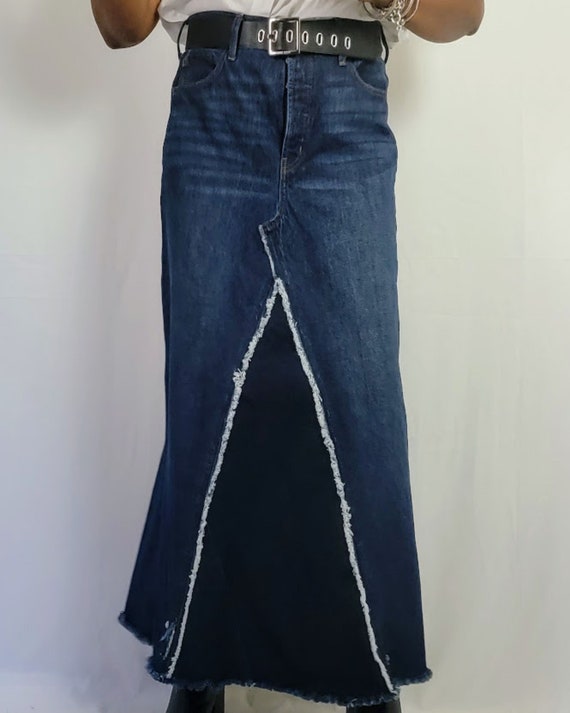 Trendy Street Style Dark Wash Denim Skirt Distressed Frayed A line Denim Maxi Skirt Plus Size Redesigned Pieced Denim Skirt Sizes 4 24 Etsy UK