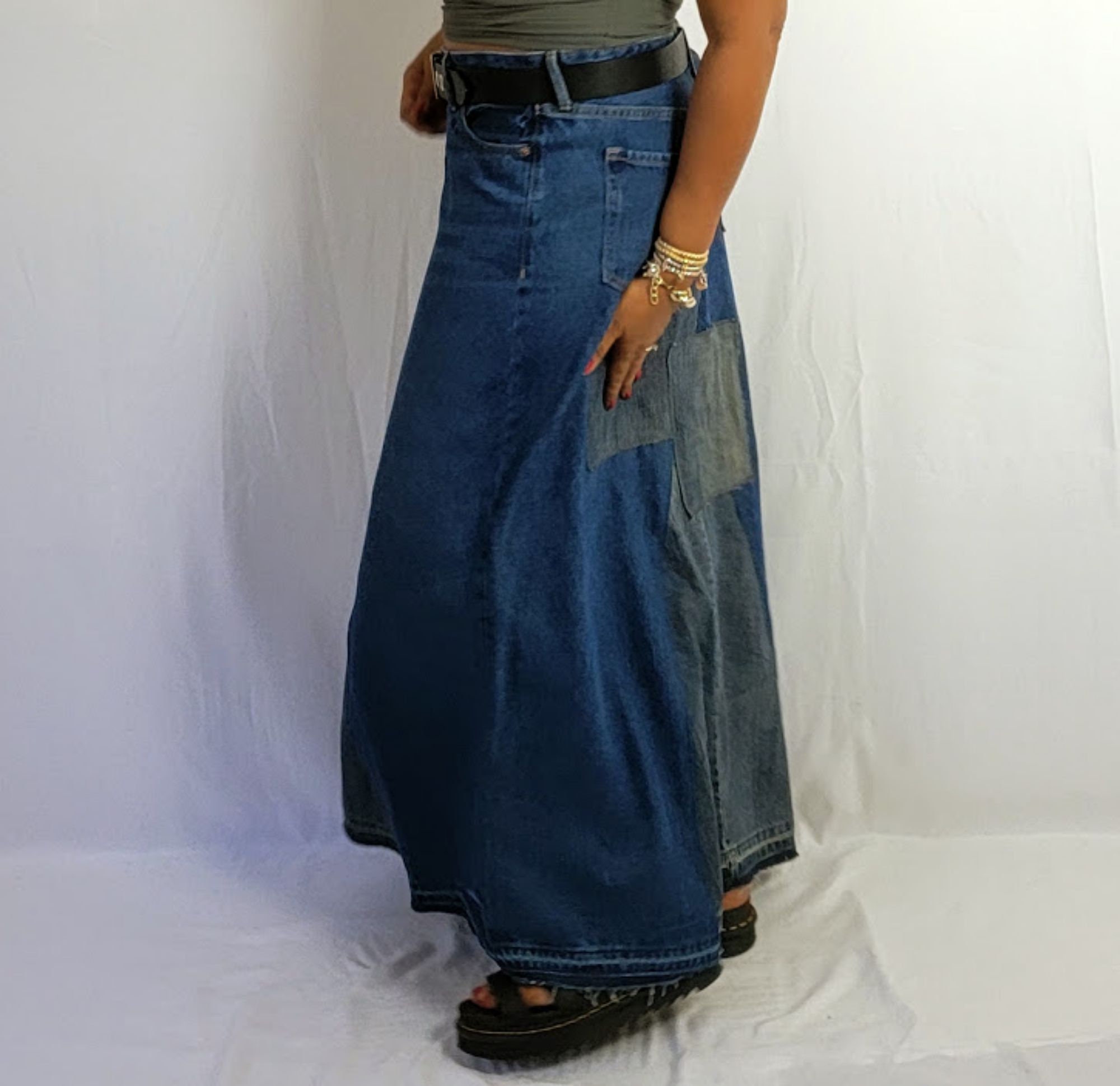 Anna-Kaci Women's High Waist A-Line Denim Maxi Skirt with Front Patch Pockets and Raw Hem Detail