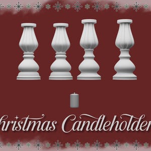 Peut inclure: Quatre bougeoirs de Noël blancs avec un design cannelé et une seule bougie grise. L'image a un fond bordeaux avec le texte "Christmas Candleholders". La bordure comporte des flocons de neige et des décorations de Noël.