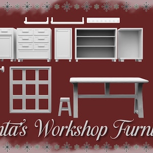 May include: A collection of white Santa's Workshop Furniture, including cabinets, drawers, shelves, a table, and a stool. The image features a window, door handle, and overhead storage. The text "Santa's Workshop Furniture" is displayed at the bottom.