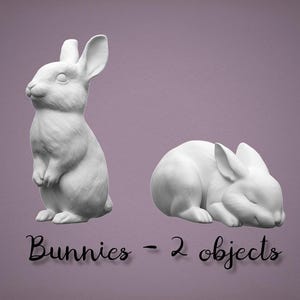 May include: Two white bunny figurines are displayed against a muted purple background. One bunny is upright, the other is curled up. The text "Bunnies - 2 objects" is written in a cursive font.