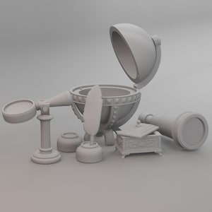 May include: A collection of antique-style objects in a monochrome palette. The set includes a globe-shaped container with an open lid, a telescope, a small decorative box, a quill pen, and a stand with a circular element.
