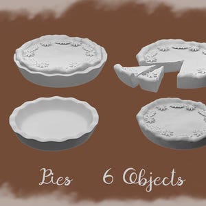 May include: A collection of six white pie dishes, including whole pies, a pie cut into slices, and an empty pie dish. The pies have a floral design on the top crust. The word "Pies" and "6 Objects" are written below the pies.