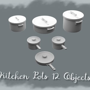 May include: A collection of 12 gray kitchen pots and pans with white lids and handles. The image includes various sizes of pots and a frying pan, all set against a gray background. Text at the bottom reads "Kitchen Pots 12 Objects."