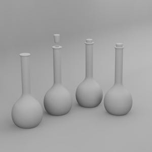 May include: Four gray, laboratory-style bottles with rounded bases and long, slender necks. One bottle has a detached stopper above it. The bottles are arranged on a gray surface, suggesting a scientific or apothecary theme.