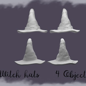 May include: Four white witch hats with pointed tops and wide brims are displayed against a gray background. Each hat has a buckle detail. The text "Witch hats 4 Objects" is at the bottom of the image.