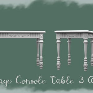 Peut inclure: Deux consoles blanches de style vintage avec des pieds ornés et des sculptures décoratives. Les tables ont un plateau rectangulaire et mesurent environ 91 cm de long. Le texte "Vintage Console Table 3 Objects" est inclus.