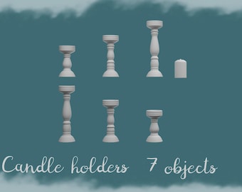 May include: Seven white candle holders of varying heights and designs, plus a white pillar candle, are displayed against a teal backdrop. The text "Candle holders 7 objects" is at the bottom.