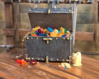 Miniature treasure chest for gift Medieval coffer with gemstoes