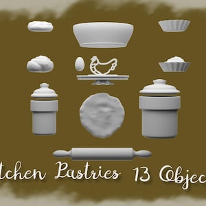 Puede incluir: Ilustración de 13 objetos de repostería de cocina, incluyendo un bol, un rodillo y varios recipientes. La imagen presenta una paleta de colores neutros con el texto "Kitchen Pastries 13 Objects" en la parte inferior.