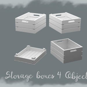 Puede incluir: Se muestran cuatro cajas de almacenamiento de madera blanca sobre un fondo gris. Las cajas son rectangulares con un diseño de listones y asas recortadas. El texto "Storage boxes 4 Objects" está en la parte inferior.