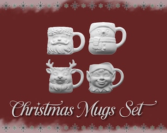 Empty Christmas Mugs Set – Santa, Snowman, Reindeer & Elf | Miniature Christmas Cups for Dollhouses