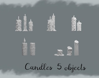 Miniature Dripping Candles Set of 5 – Gothic, Medieval & Fantasy Dollhouse Candle – Tabletop 3D STL PRINT file Instant Download