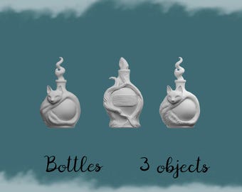 May include: Three white decorative bottles with unique designs. Two bottles feature a cat embracing the bottle, and the third has a tree-like design. The bottles have a swirl-shaped stopper. The text "Bottles 3 objects" is at the bottom.