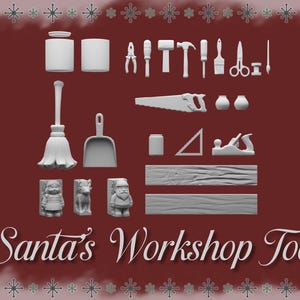 May include: An assortment of tools and ornaments, such as a saw, hammer, and figurines, set against a maroon backdrop. The words "Santa's Workshop Tools" are written beneath. The image is framed with a festive border.