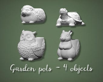 Animal Garden Pots STL Bundle – Hedgehog, Turtle, Owl, Squirrel Planters (3D Print File)