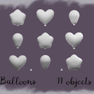 May include: Nine white balloons in various shapes, including stars, hearts, and ovals, are arranged on a purple background. The word "Balloons" and "11 objects" are written in cursive script below the balloons.