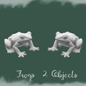 May include: Two white frog figurines on a green background. The frogs are facing each other. The text "Frogs 2 Objects" is written in a cursive font below the frogs. A logo with the letters "MJW" is in the upper left corner.