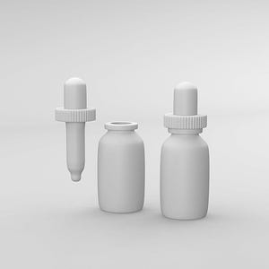 Puede incluir: Tres frascos cosméticos blancos y un cuentagotas sobre un fondo blanco. Los frascos son cilíndricos con hombros redondeados. Un frasco tiene un cuentagotas insertado, otro lo tiene al lado y el tercero está vacío.