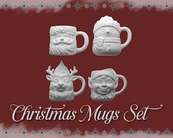 Christmas Mugs Set with cocoa – Santa, Snowman, Reindeer & Elf | Miniature Christmas Cups for Dollhouses