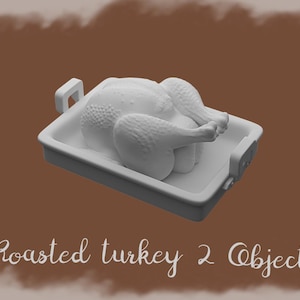 May include: A white, roasted turkey in a white rectangular baking dish with handles. The image has a brown background with the text "Roasted turkey 2 Objects". A logo is in the upper left corner.